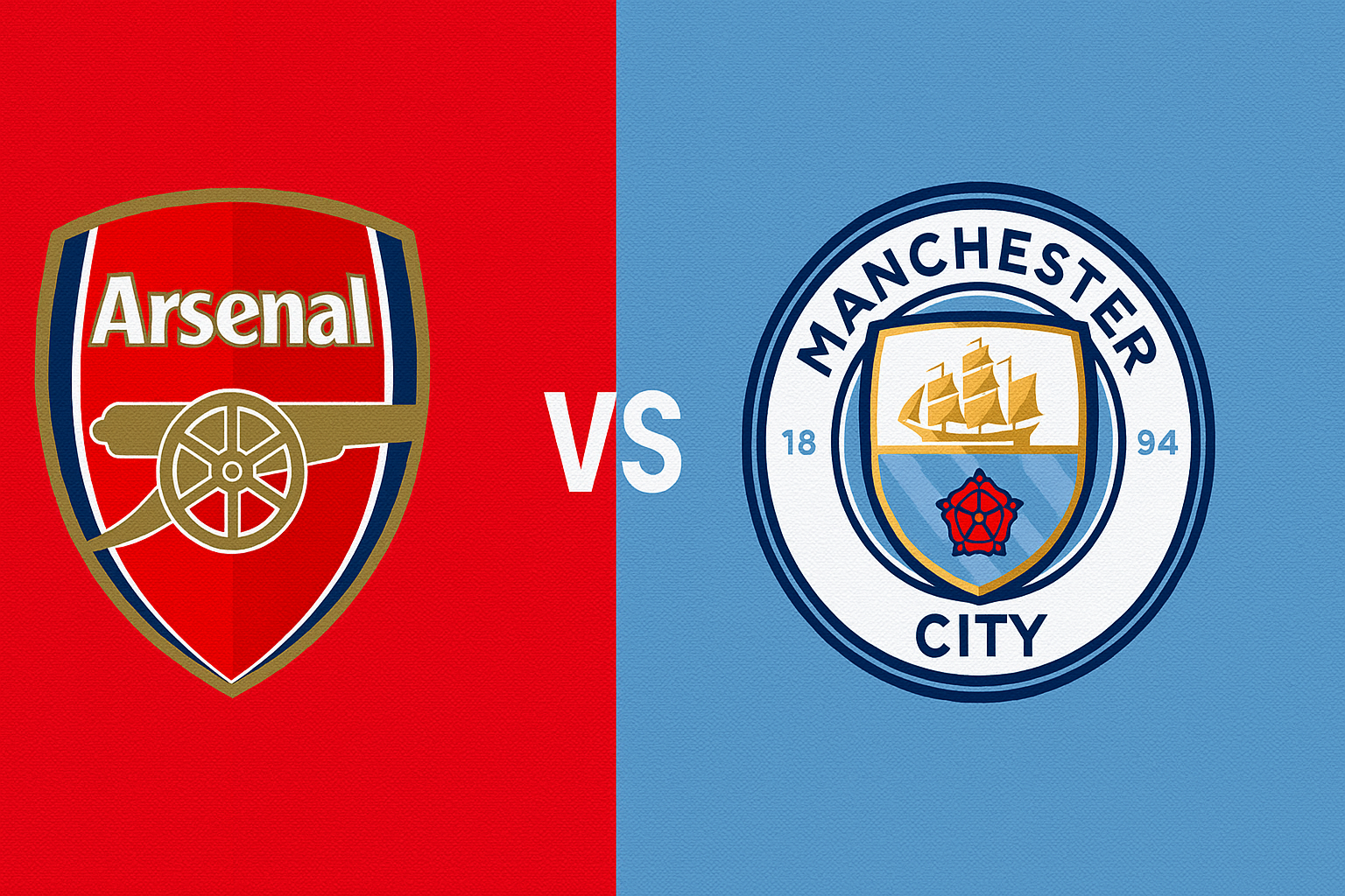 Arsenal badge on the left and the Manchester City badge on the right with VS in the middle