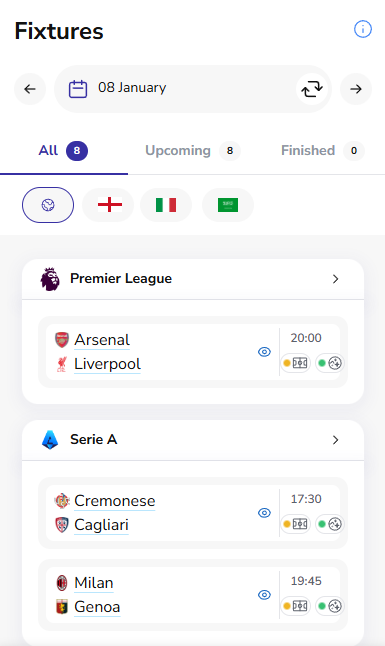 Statz Fixtures page showing Premier League and Serie A fixtures for 8 January