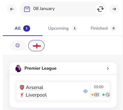 Statz Fixtures page filtered to Premier League - showing Arsenal vs Liverpool