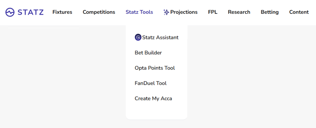 Statz Tools navigation dropdown showing FanDuel Tool option