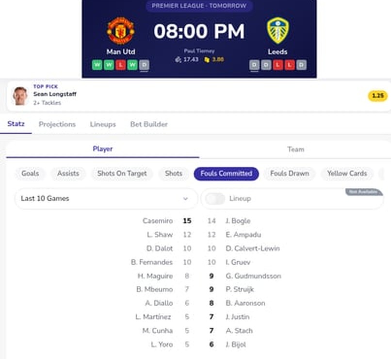 Man Utd vs Leeds H2H stats and projections on Statz